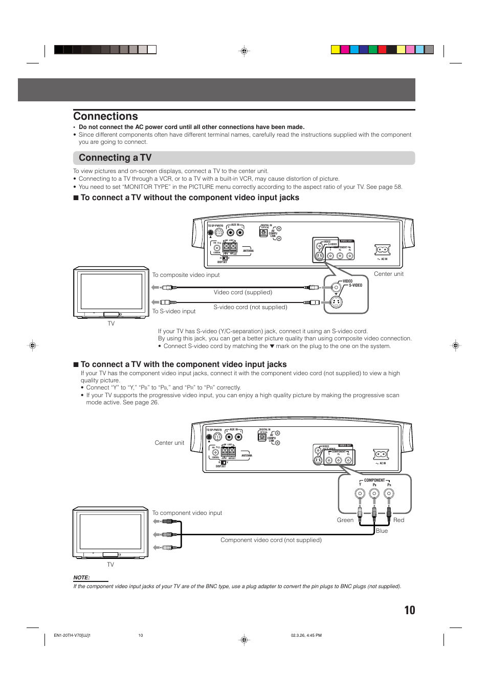 Connections, Connecting a tv, And “p | JVC TH-V70 User Manual | Page 15 / 84