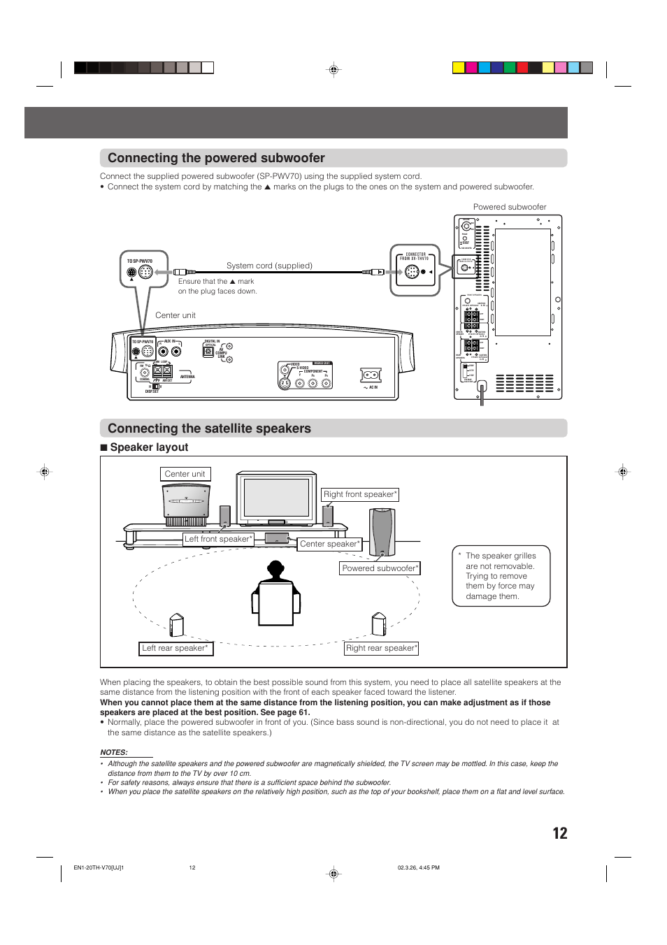 Connecting the powered subwoofer, Connecting the satellite speakers, 7speaker layout | System cord (supplied), Ensure that the 5 mark on the plug faces down | JVC TH-V70 User Manual | Page 17 / 84