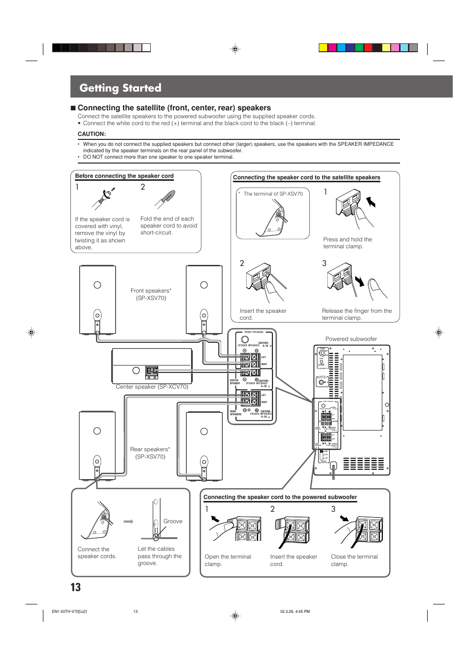 Getting started, Open the terminal clamp, Insert the speaker cord | Release the finger from the terminal clamp | JVC TH-V70 User Manual | Page 18 / 84