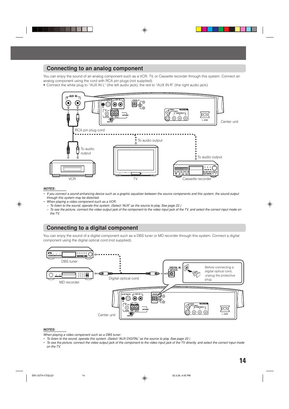 Connecting to a digital component, Connecting to an analog component | JVC TH-V70 User Manual | Page 19 / 84