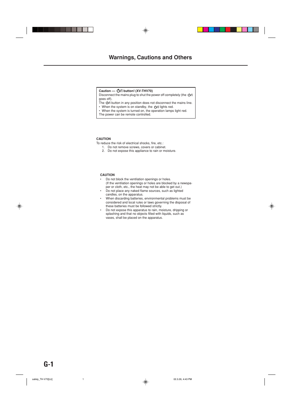 Warnings, cautions and others | JVC TH-V70 User Manual | Page 2 / 84