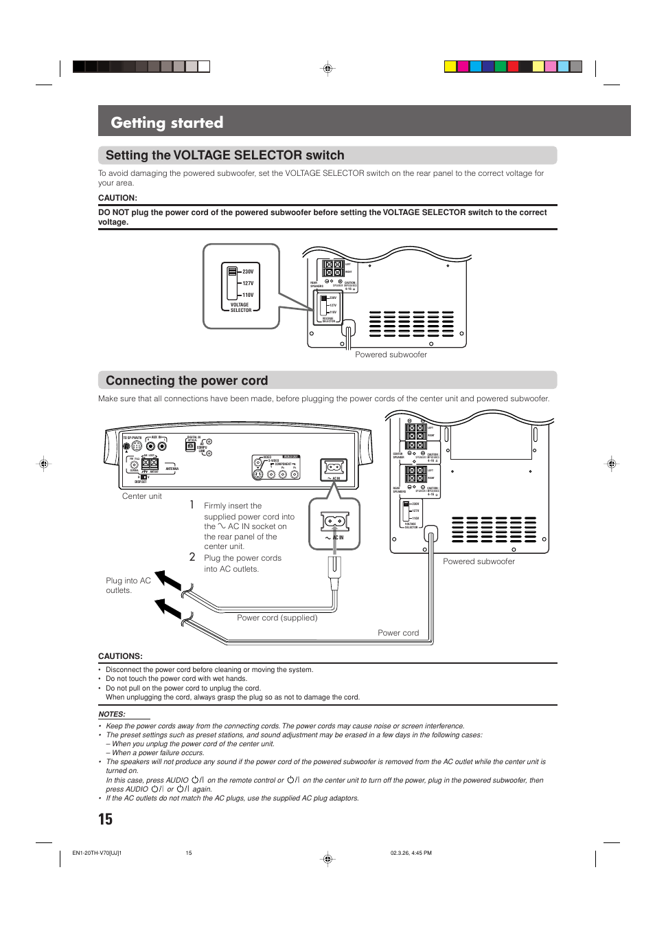 Getting started, Connecting the power cord, Setting the voltage selector switch | Powered subwoofer | JVC TH-V70 User Manual | Page 20 / 84