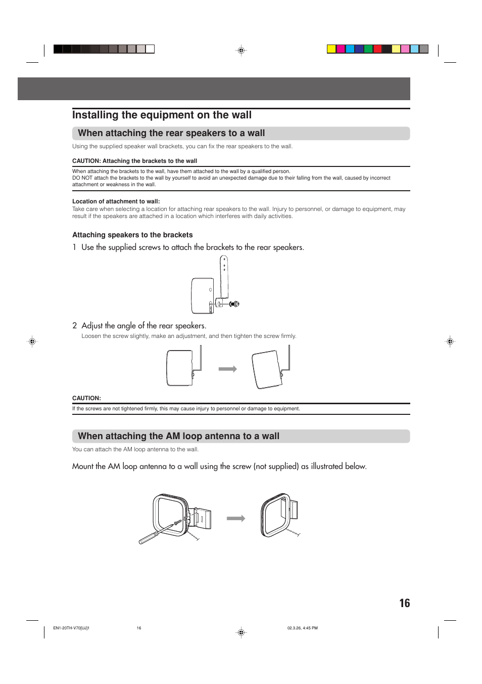 Installing the equipment on the wall, When attaching the rear speakers to a wall, When attaching the am loop antenna to a wall | JVC TH-V70 User Manual | Page 21 / 84