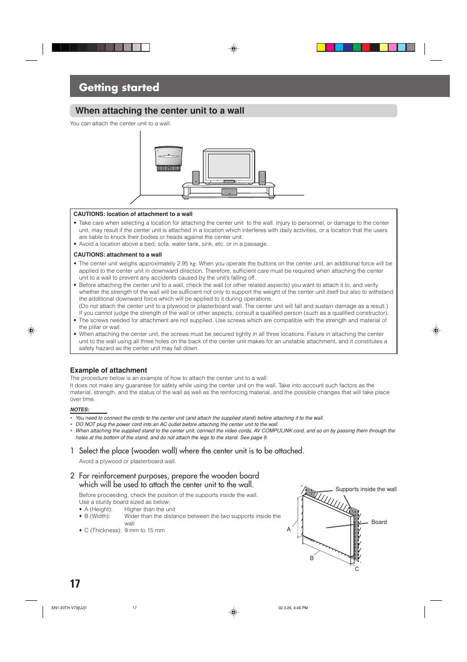 Getting started, When attaching the center unit to a wall | JVC TH-V70 User Manual | Page 22 / 84