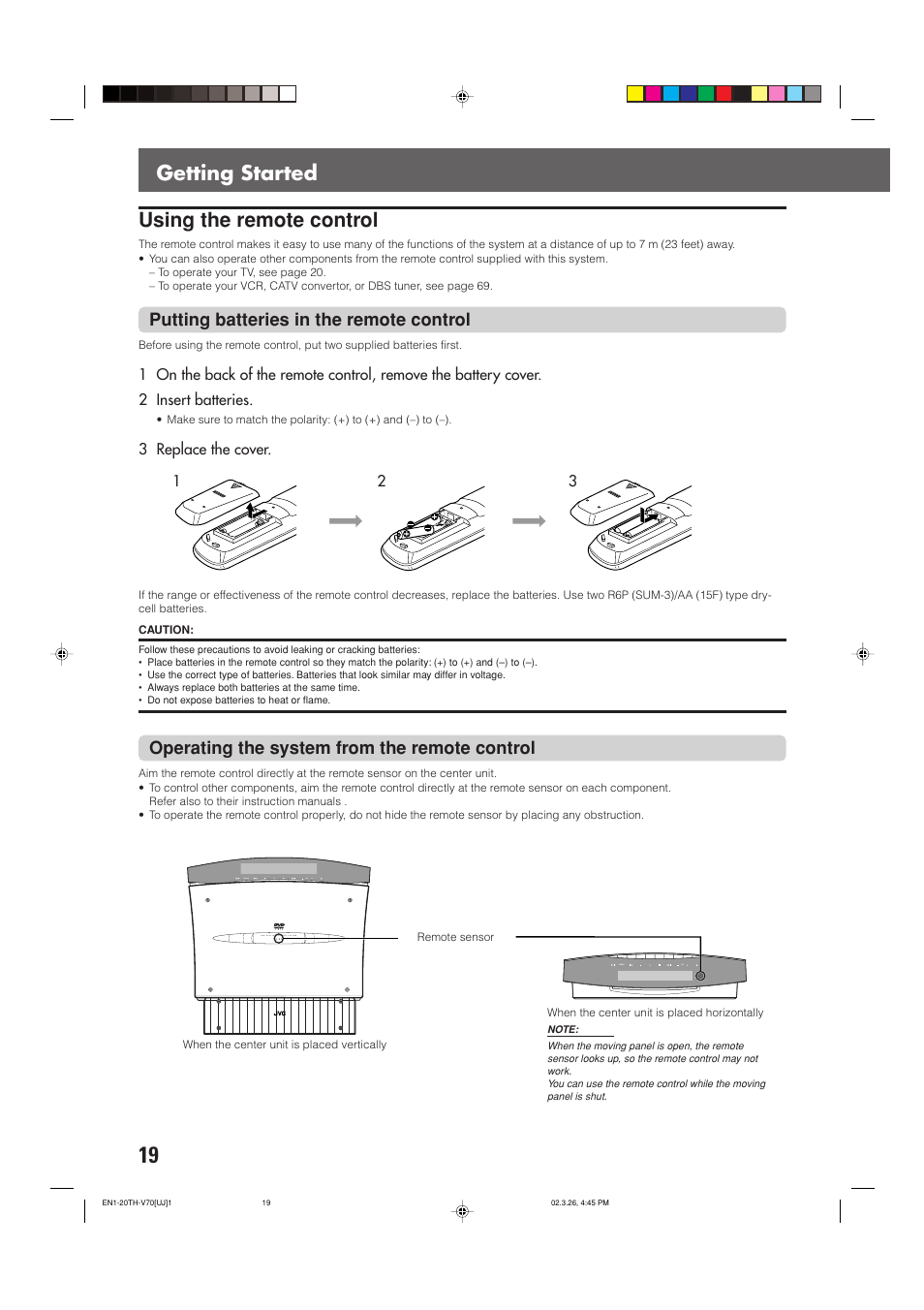 Getting started using the remote control, Putting batteries in the remote control, Operating the system from the remote control | JVC TH-V70 User Manual | Page 24 / 84