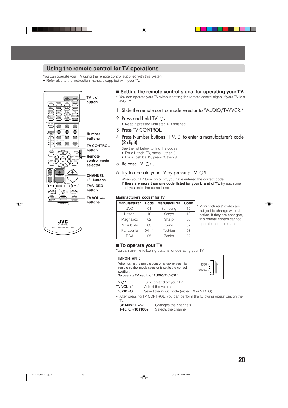 Using the remote control for tv operations, 7to operate your tv | JVC TH-V70 User Manual | Page 25 / 84