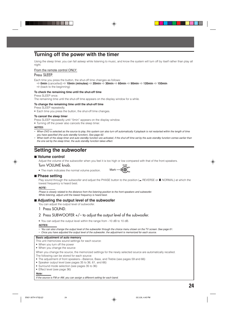 Turning off the power with the timer, Setting the subwoofer, Press sleep | 7volume control, Turn volume knob, 7phase setting, 7adjusting the output level of the subwoofer | JVC TH-V70 User Manual | Page 29 / 84