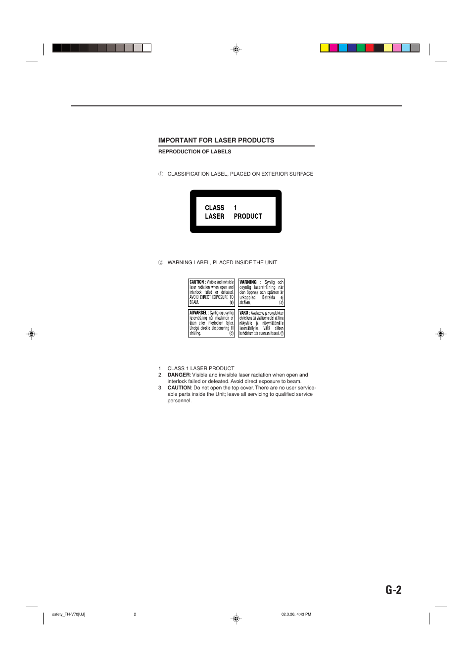 Important for laser products | JVC TH-V70 User Manual | Page 3 / 84