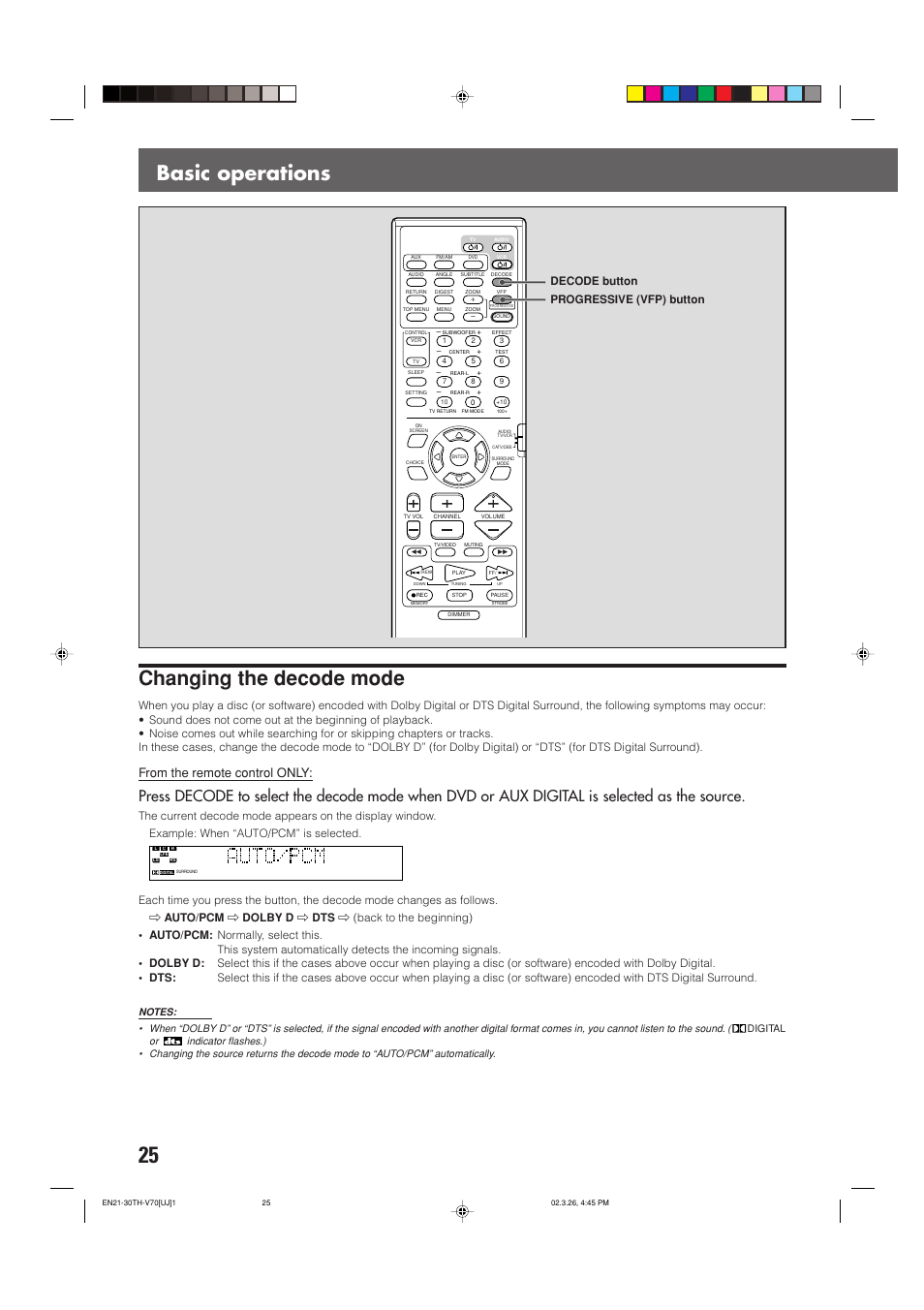 Basic operations changing the decode mode, Decode button progressive (vfp) button | JVC TH-V70 User Manual | Page 30 / 84