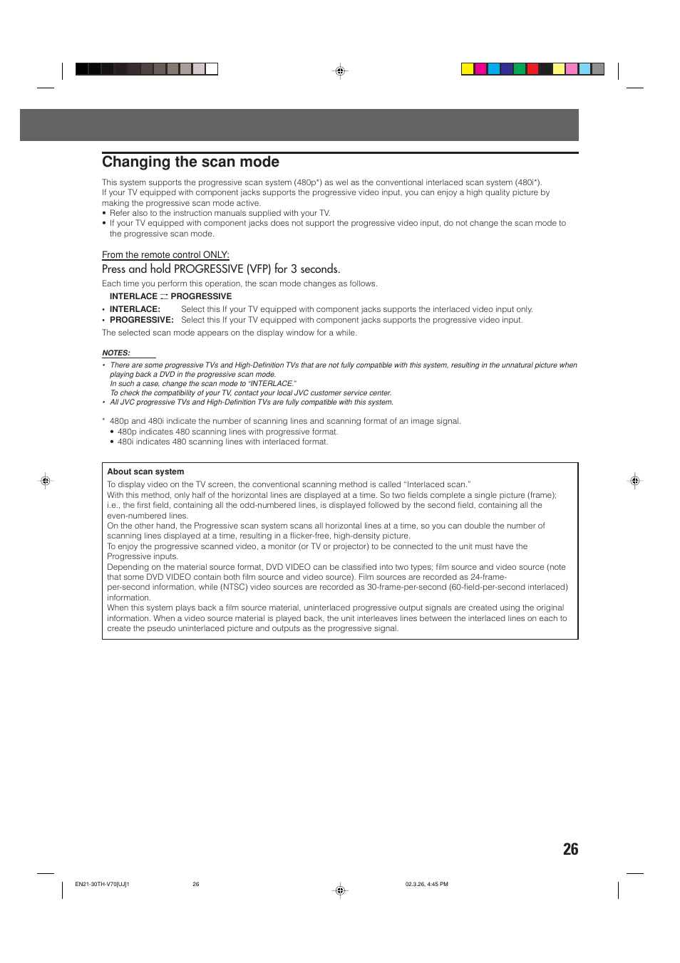 Changing the scan mode, Press and hold progressive (vfp) for 3 seconds | JVC TH-V70 User Manual | Page 31 / 84