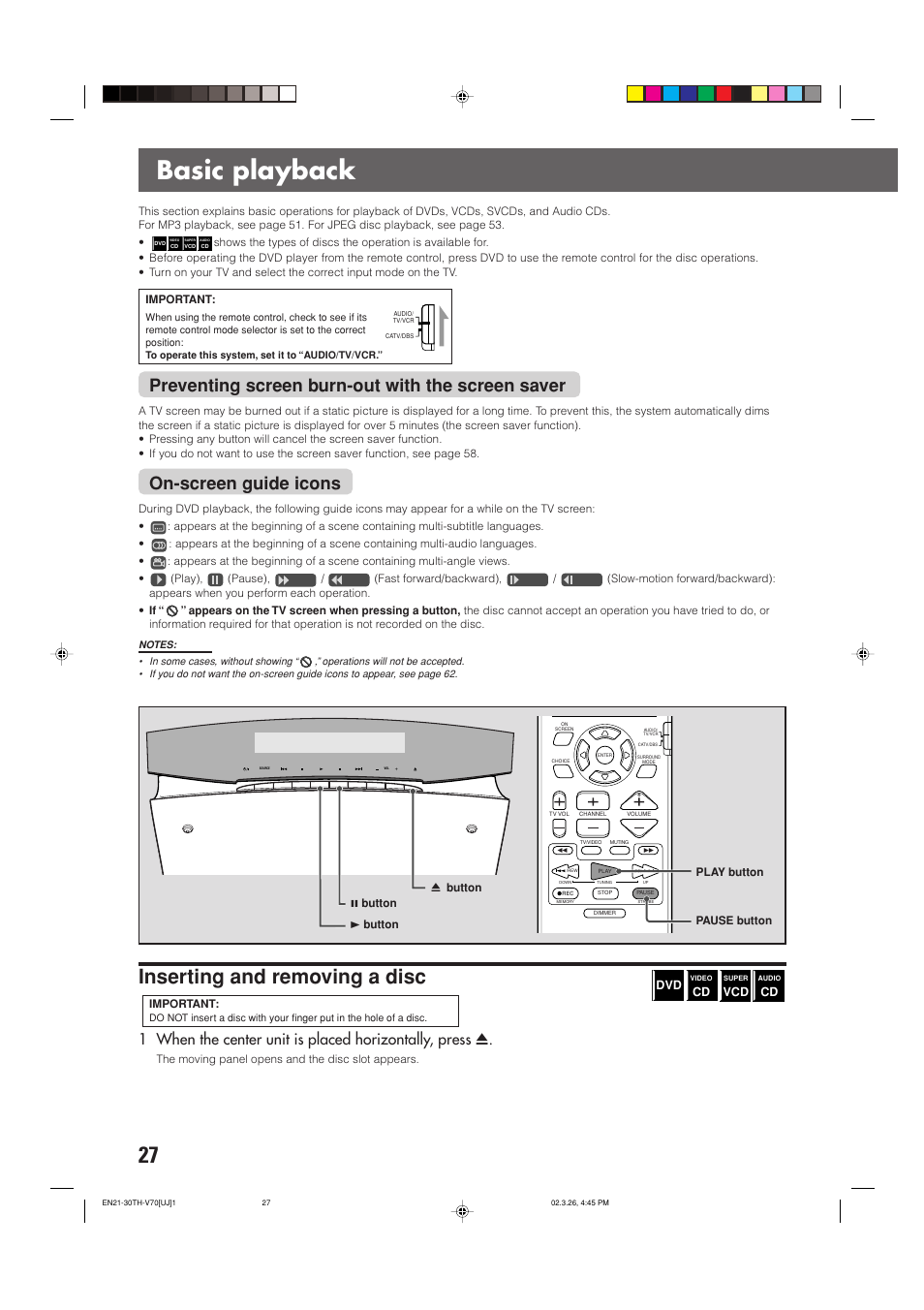 Basic playback, Inserting and removing a disc, Preventing screen burn-out with the screen saver | On-screen guide icons | JVC TH-V70 User Manual | Page 32 / 84