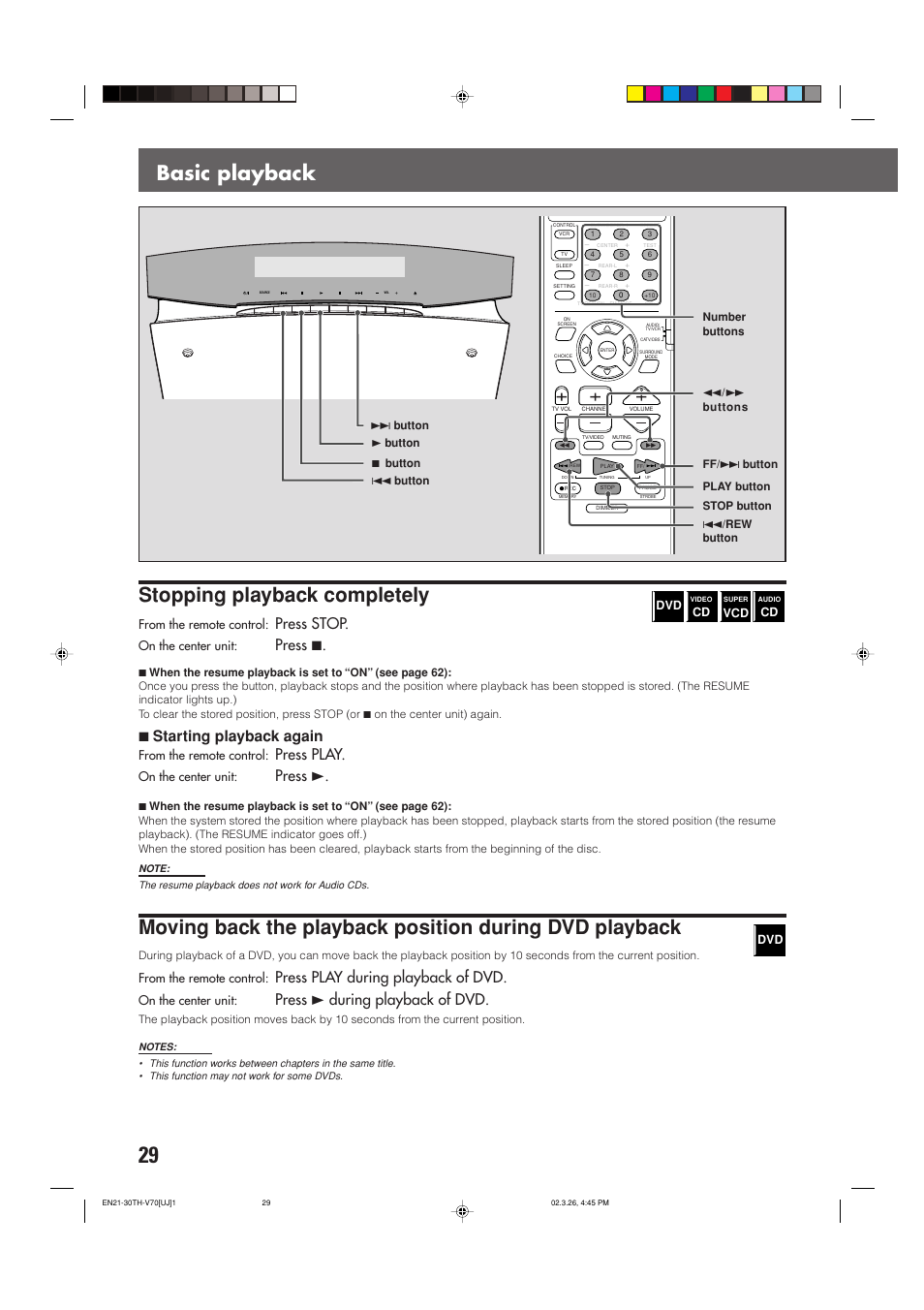 Basic playback, Stopping playback completely, Press stop | Press 7, 7starting playback again, Press play, Press 3, Press play during playback of dvd, Press 3 during playback of dvd, On the center unit | JVC TH-V70 User Manual | Page 34 / 84