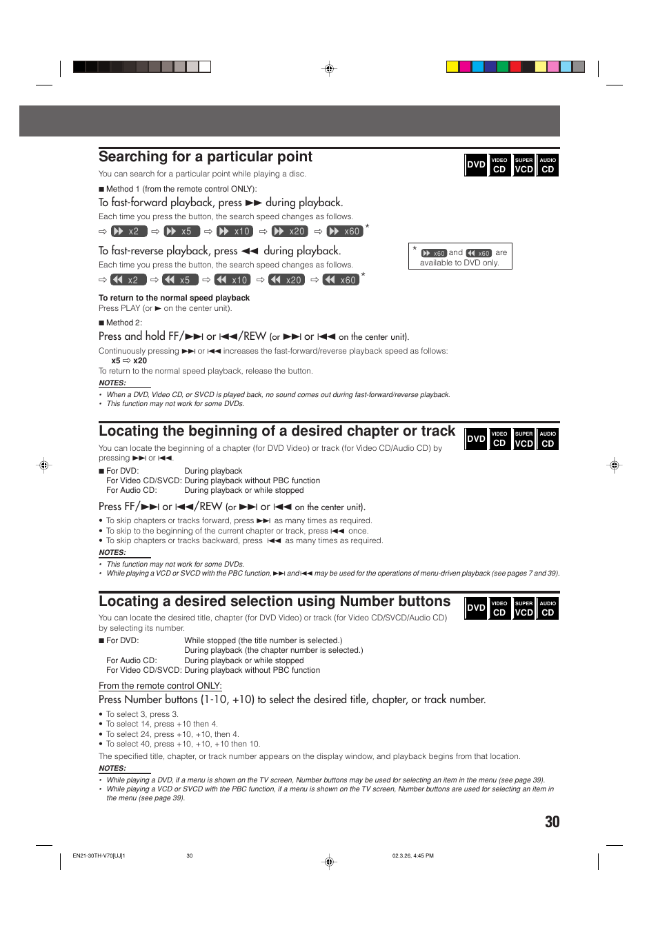 Searching for a particular point, Locating a desired selection using number buttons | JVC TH-V70 User Manual | Page 35 / 84