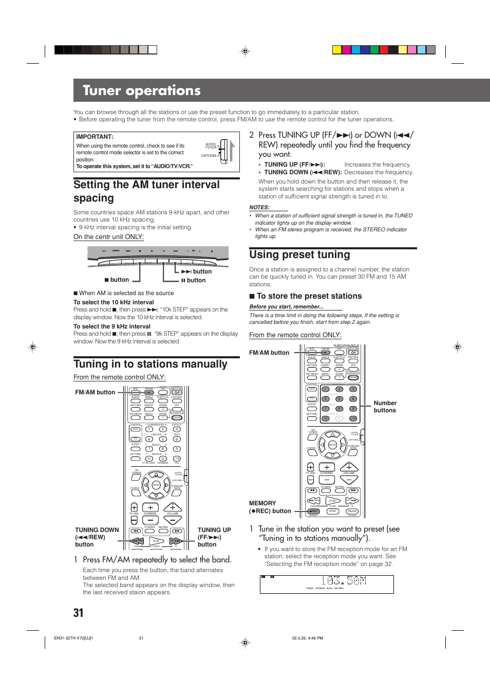 Tuner operations, Setting the am tuner interval spacing, Tuning in to stations manually | Using preset tuning, 1 press fm/am repeatedly to select the band, 7to store the preset stations, On the centr unit only, Important, Rec) button number buttons, Button 7 button 8 button | JVC TH-V70 User Manual | Page 36 / 84