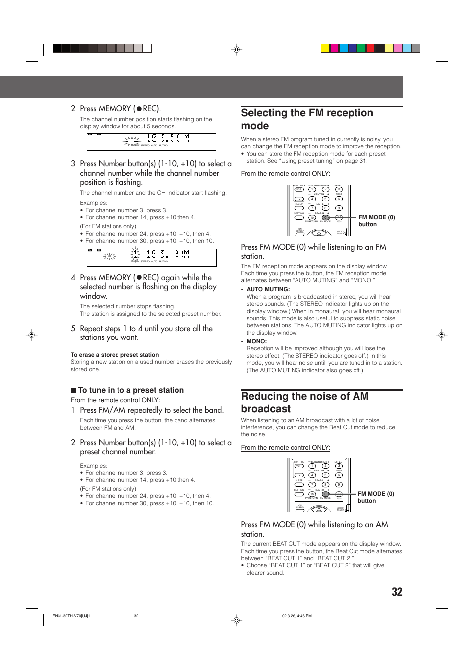 Selecting the fm reception mode, Reducing the noise of am broadcast, Rec) | 7to tune in to a preset station, 1 press fm/am repeatedly to select the band, Press fm mode (0) while listening to an fm station, Press fm mode (0) while listening to an am station, Fm mode (0) button | JVC TH-V70 User Manual | Page 37 / 84