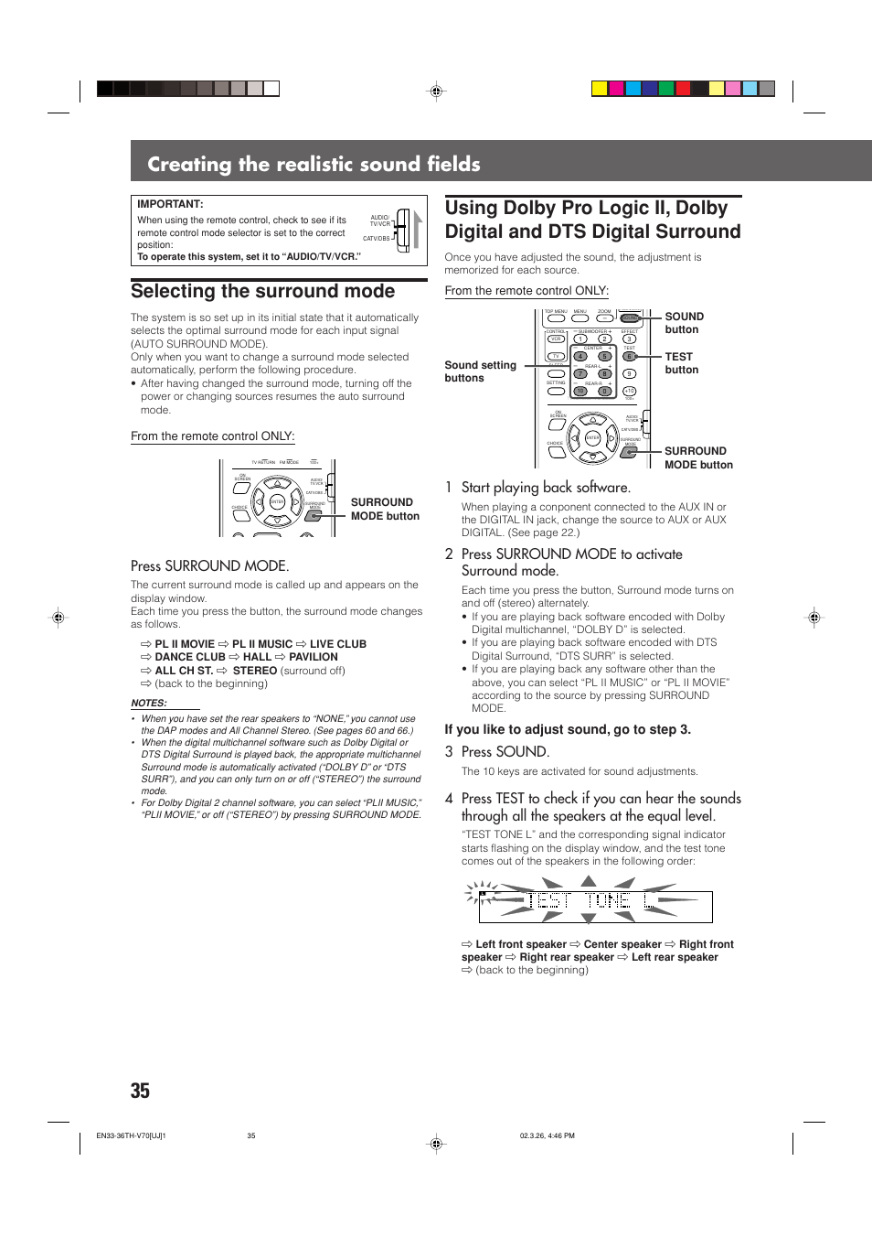 Press surround mode, 1 start playing back software, 2 press surround mode to activate surround mode | 3 press sound, If you like to adjust sound, go to step 3 | JVC TH-V70 User Manual | Page 40 / 84