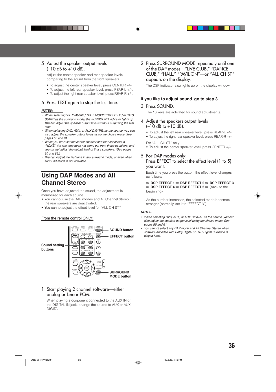 Using dap modes and all channel stereo, 6 press test again to stop the test tone, 3 press sound | If you like to adjust sound, go to step 3 | JVC TH-V70 User Manual | Page 41 / 84