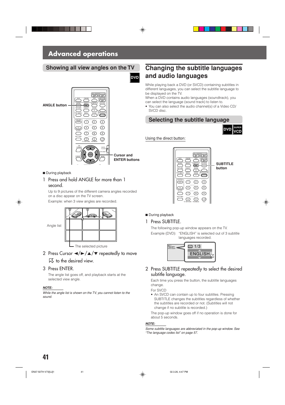 Advanced operations, Showing all view angles on the tv, Selecting the subtitle language | 1 press and hold angle for more than 1 second, 1 press subtitle, Using the direct button, English, 7during playback, Cursor and enter buttons angle button, Angle list | JVC TH-V70 User Manual | Page 46 / 84