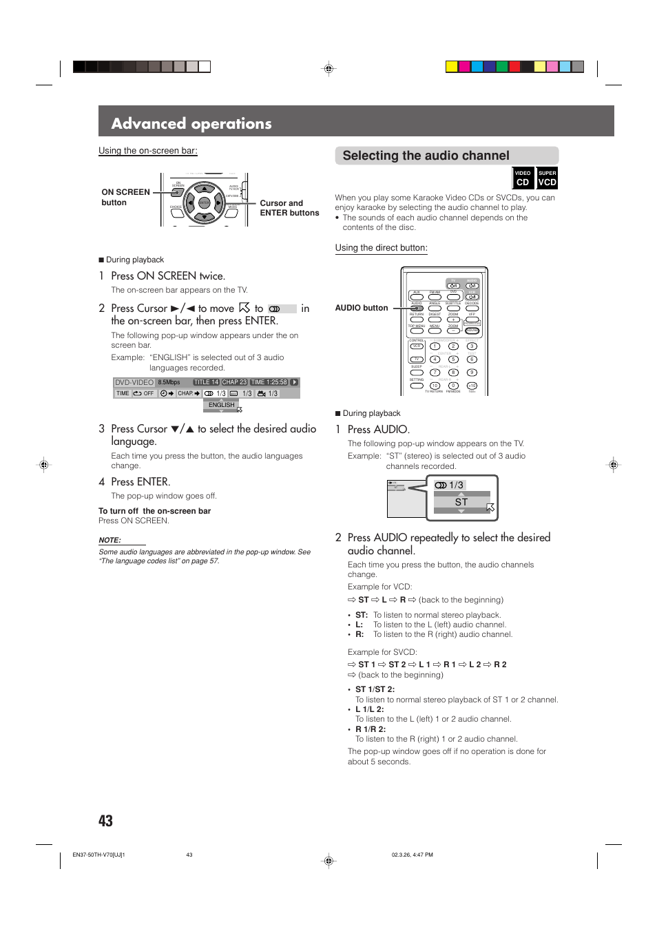 Advanced operations, Selecting the audio channel, 1 press on screen twice | 4 press enter, 1 press audio, Using the on-screen bar, Using the direct button | JVC TH-V70 User Manual | Page 48 / 84