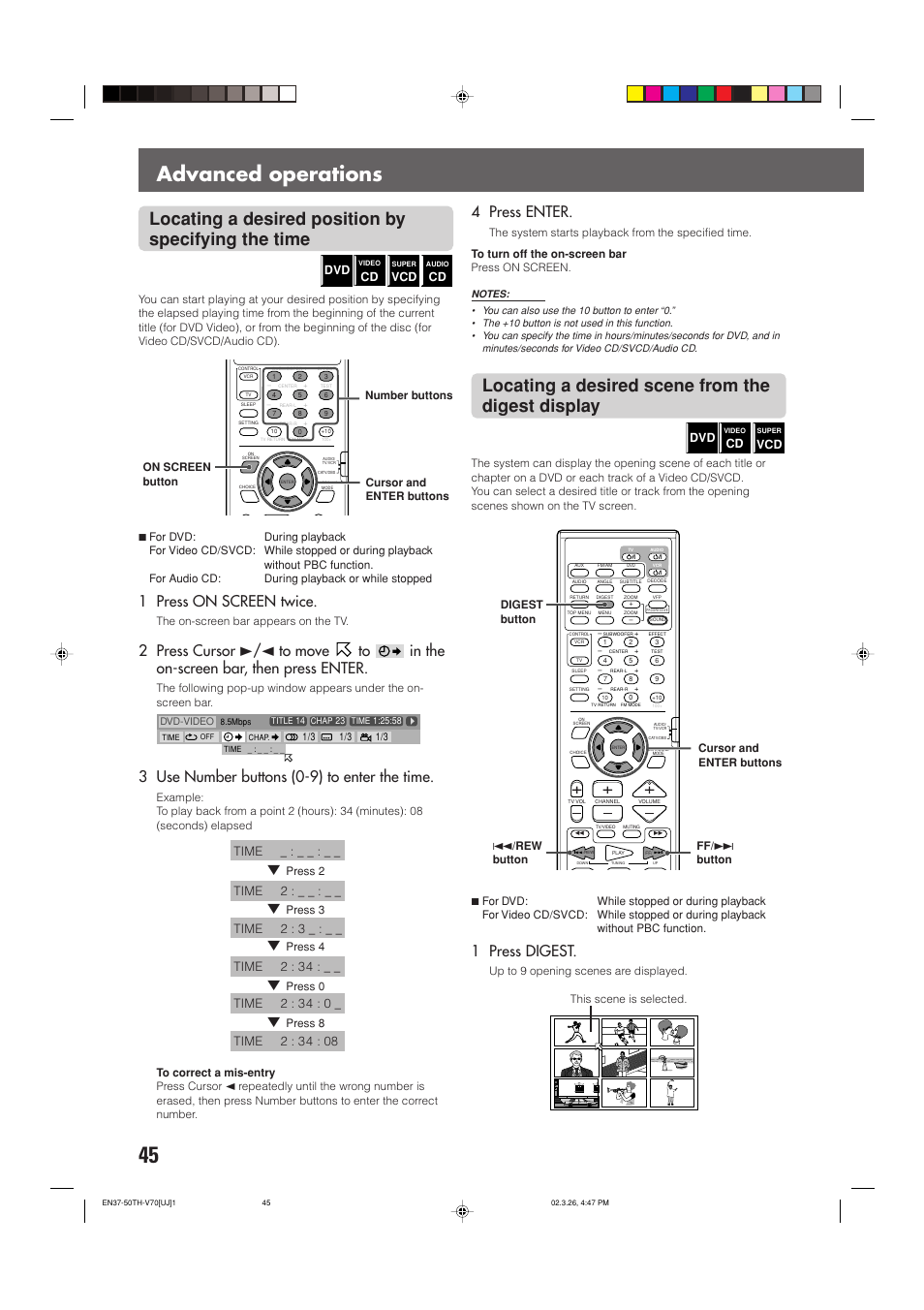 Advanced operations, Locating a desired position by specifying the time, Locating a desired scene from the digest display | 1 press on screen twice, 3 use number buttons (0-9) to enter the time, 1 press digest, 4 press enter | JVC TH-V70 User Manual | Page 50 / 84