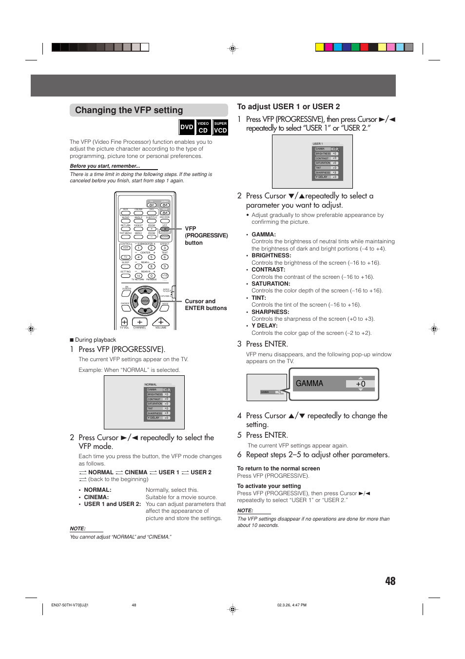 Changing the vfp setting, 0 gamma, 1 press vfp (progressive) | 3 press enter, 6 repeat steps 2–5 to adjust other parameters | JVC TH-V70 User Manual | Page 53 / 84