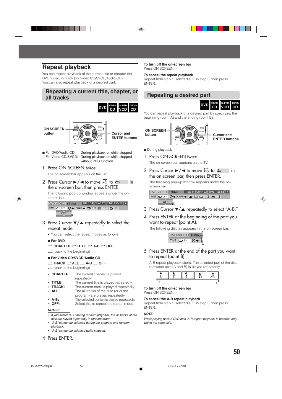 Repeat playback, Repeating a current title, chapter, or all tracks, Repeating a desired part | 1 press on screen twice, 4 press enter | JVC TH-V70 User Manual | Page 55 / 84