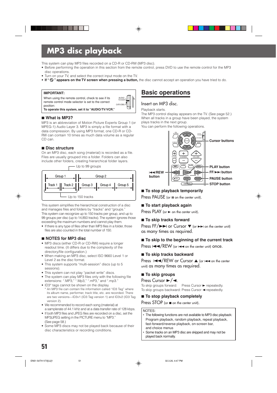 Mp3 disc playback, Basic operations, Insert an mp3 disc | Press pause, Press play, Press ff/ ¢ or cursor, As many times as required, Press 4/rew, Once, Press 4/rew or cursor 5 | JVC TH-V70 User Manual | Page 56 / 84