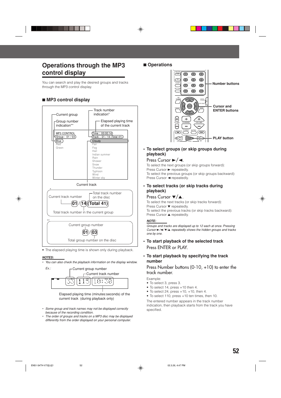 Operations through the mp3 control display, 7operations, Press cursor 3/2 | Press cursor ∞/5, Press enter or play, 7mp3 control display | JVC TH-V70 User Manual | Page 57 / 84