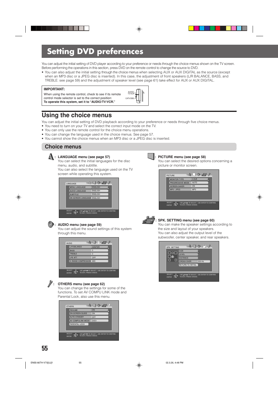 Setting dvd preferences, Using the choice menus, Choice menus | JVC TH-V70 User Manual | Page 60 / 84