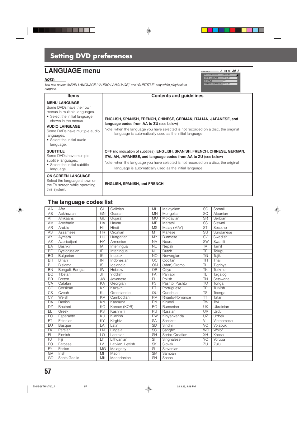 Setting dvd preferences language menu, The language codes list | JVC TH-V70 User Manual | Page 62 / 84