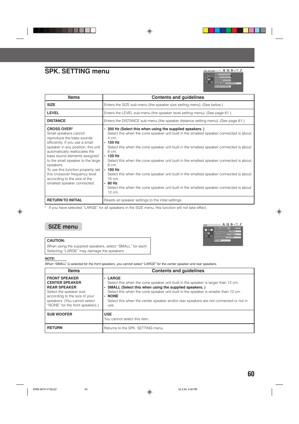 Spk. setting menu, Size menu, Items | Contents and guidelines | JVC TH-V70 User Manual | Page 65 / 84