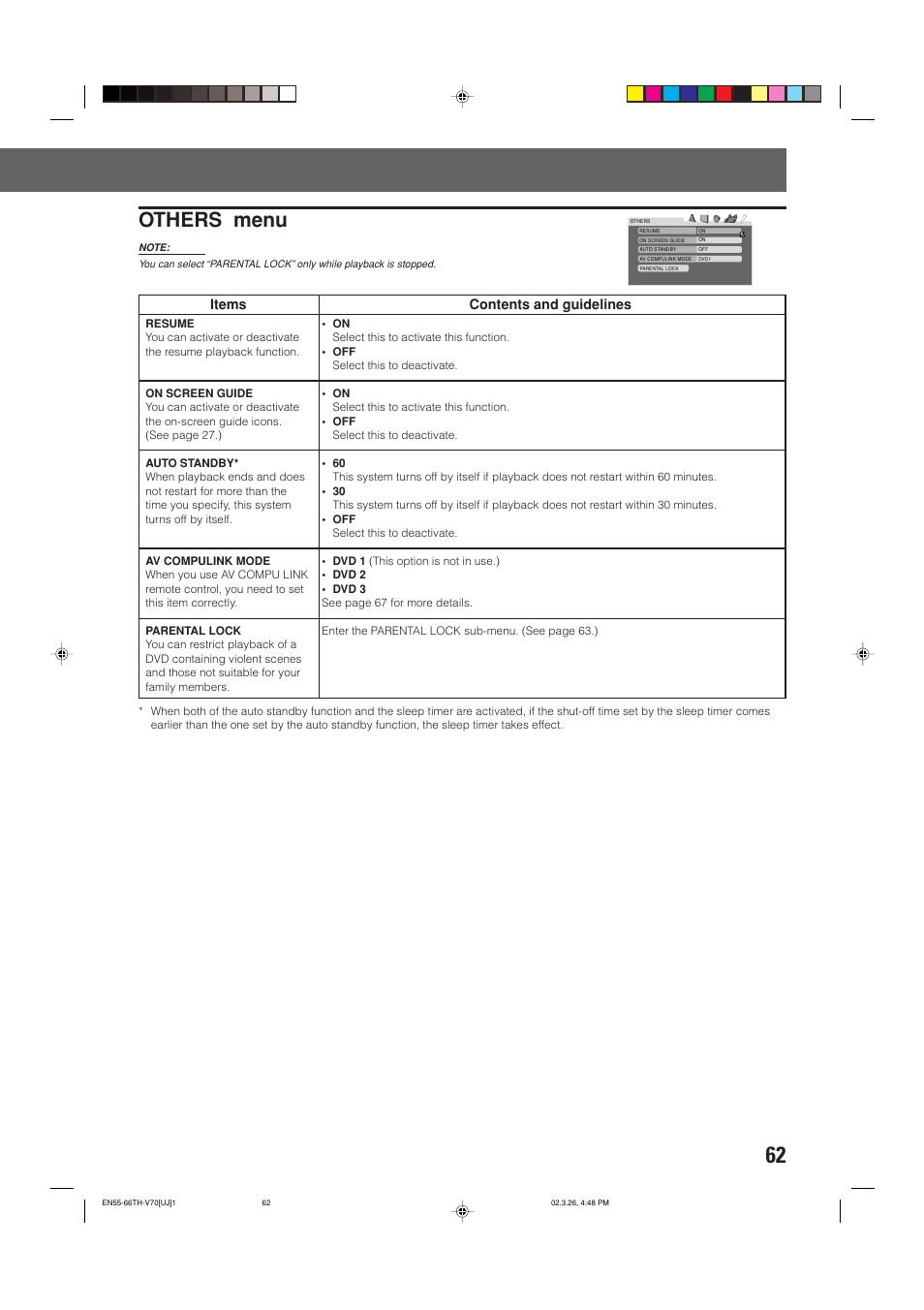 Others menu, Items, Contents and guidelines | JVC TH-V70 User Manual | Page 67 / 84