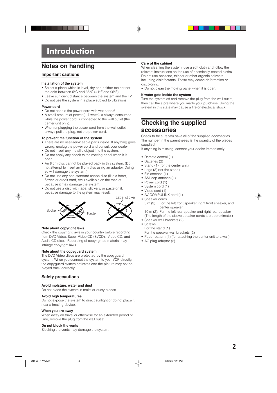 Introduction, Checking the supplied accessories | JVC TH-V70 User Manual | Page 7 / 84