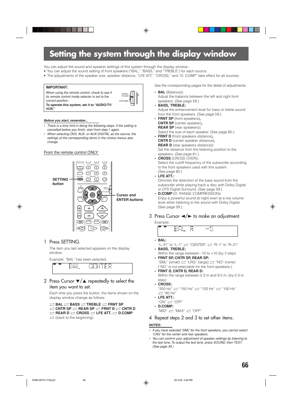 Setting the system through the display window, 1 press setting, 3 press cursor 2/3 to make an adjustment | 4 repeat steps 2 and 3 to set other items | JVC TH-V70 User Manual | Page 71 / 84