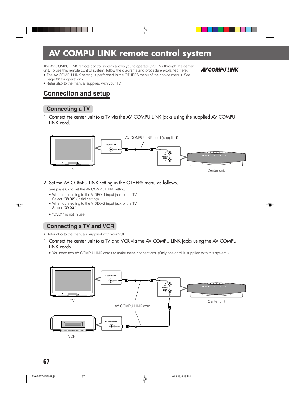 Av compu link remote control system, Connection and setup, Connecting a tv | Connecting a tv and vcr | JVC TH-V70 User Manual | Page 72 / 84