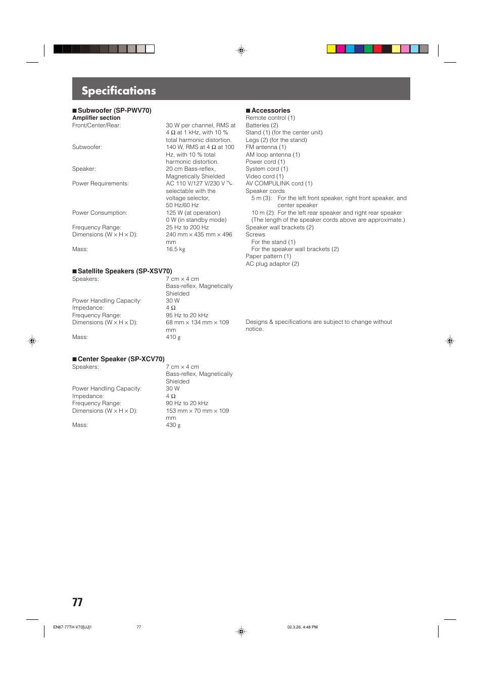 Specifications | JVC TH-V70 User Manual | Page 82 / 84