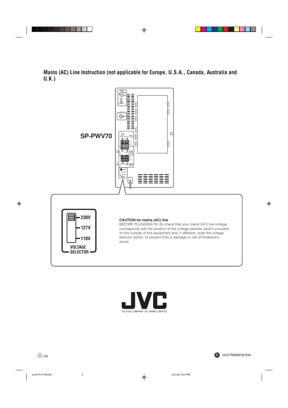 Back cover, Sp-pwv70, Voltage selector | 0502tmmmdwjem | JVC TH-V70 User Manual | Page 84 / 84