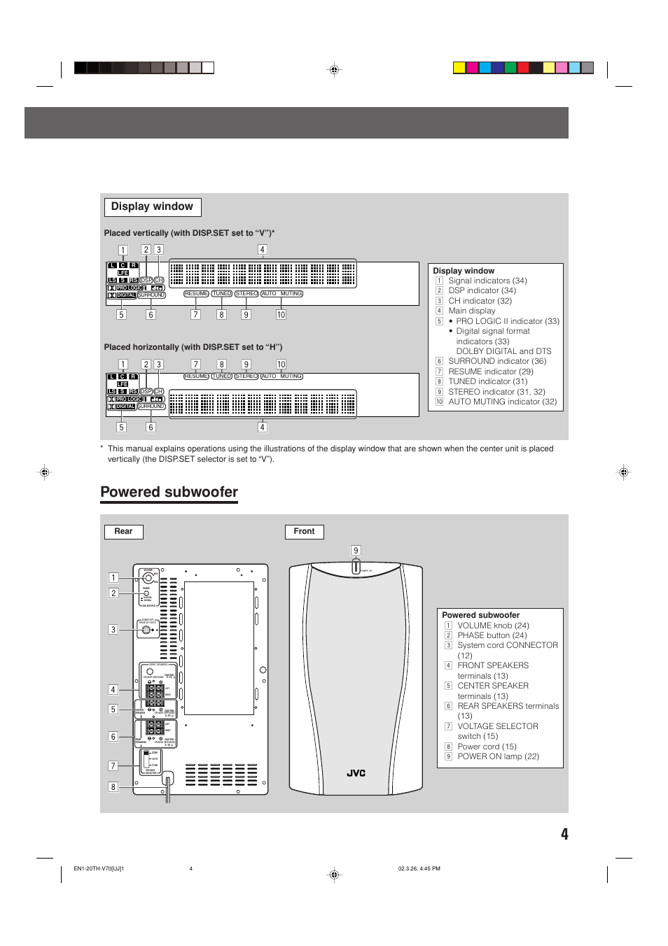 Powered subwoofer, Display window | JVC TH-V70 User Manual | Page 9 / 84