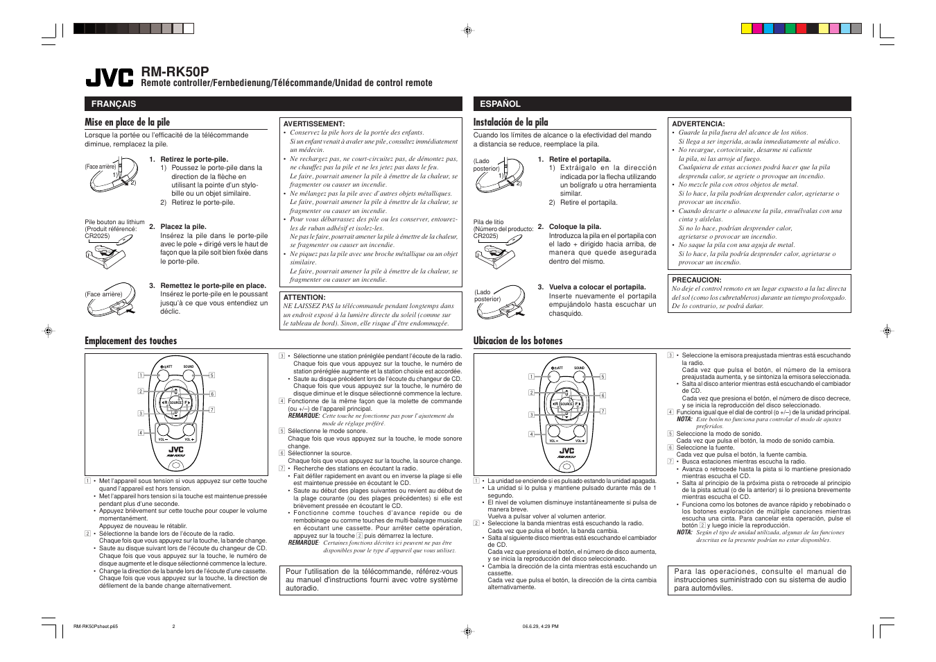 Rm-rk50p, Instalación de la pila, Mise en place de la pile | Emplacement des touches, Ubicacion de los botones | JVC RM-RK50P User Manual | Page 2 / 2