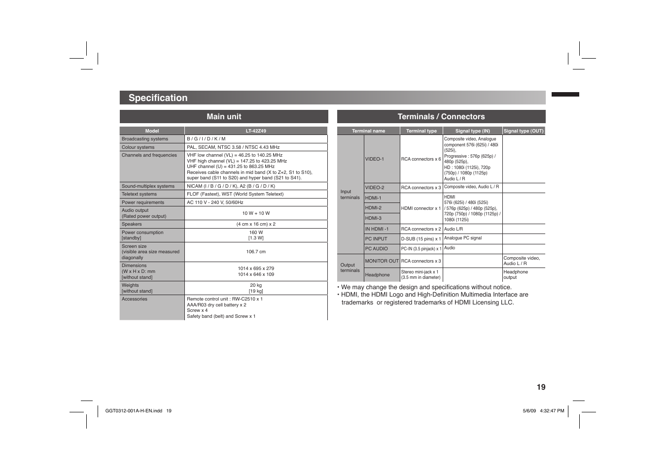 Specification, Specifi cation, Main unit terminals / connectors | JVC GGT0312-001A-H User Manual | Page 19 / 20