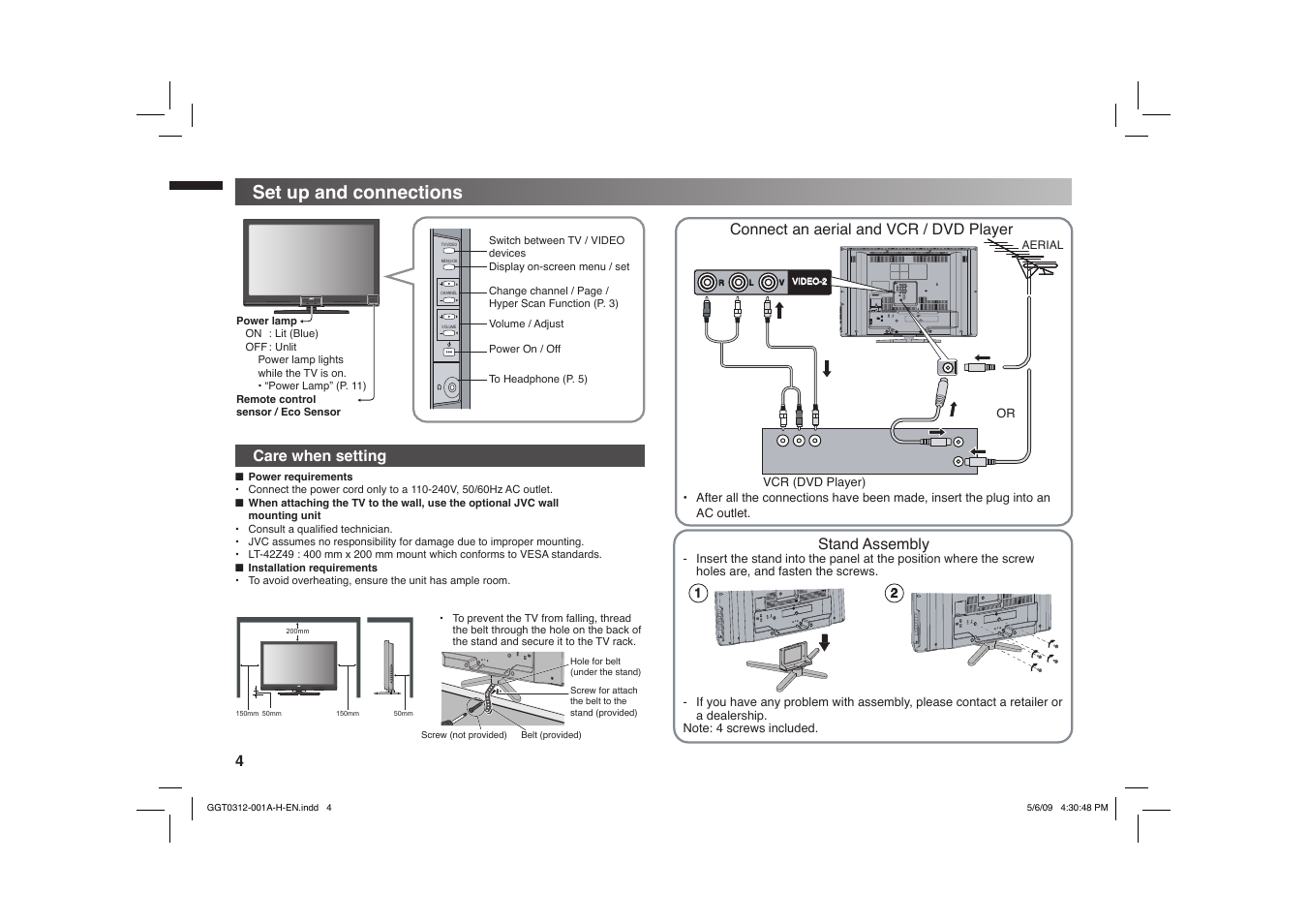 Set up and connections, Care when setting, Connect an aerial and vcr / dvd player | Stand assembly | JVC GGT0312-001A-H User Manual | Page 4 / 20