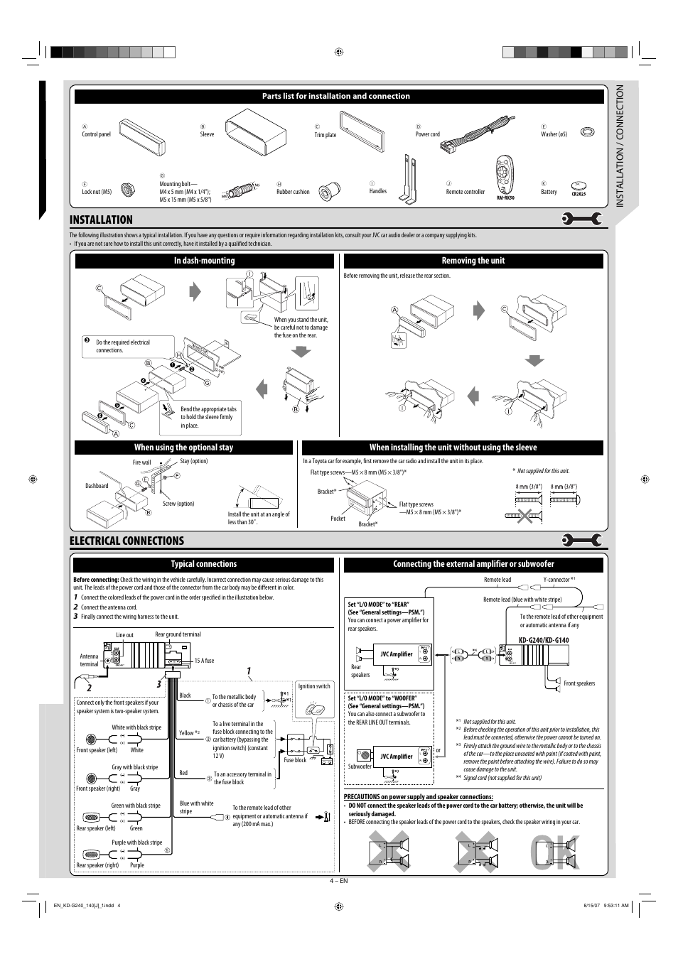 Electrical connections, Installation, Removing the unit in dash-mounting | When installing the unit without using the sleeve | JVC KD-G140 User Manual | Page 4 / 4