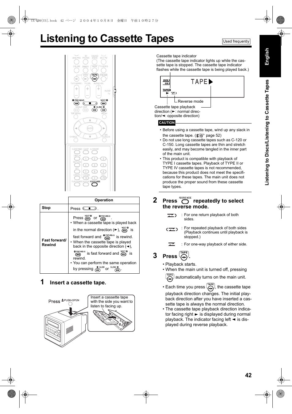 Listening to cassette tapes | JVC CA-UXQD9S User Manual | Page 103 / 174