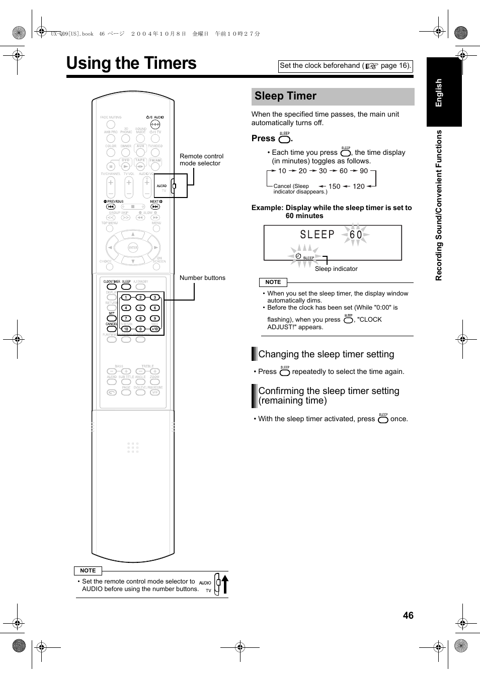 Using the timers, Sleep timer | JVC CA-UXQD9S User Manual | Page 107 / 174