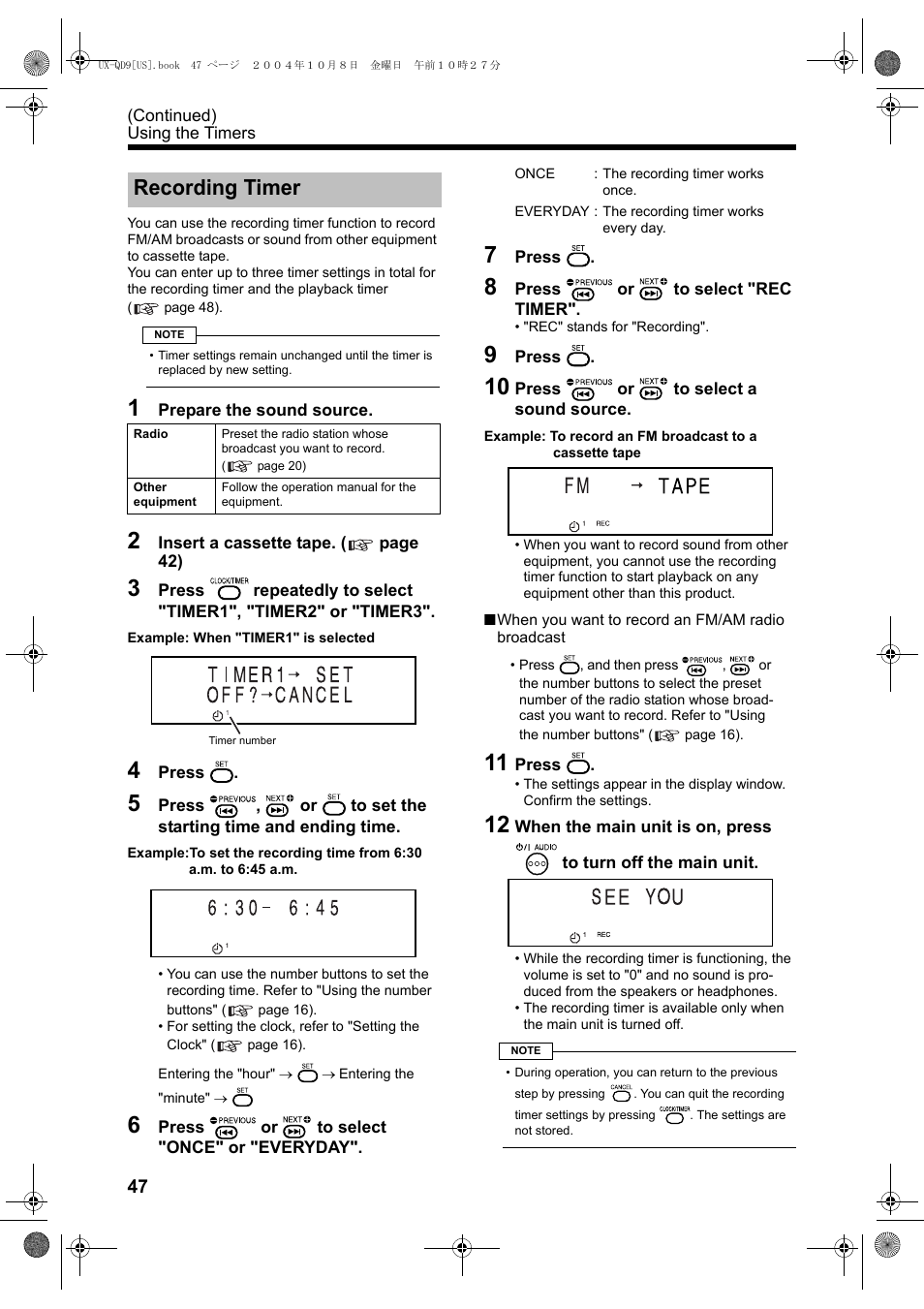 Recording timer | JVC CA-UXQD9S User Manual | Page 108 / 174