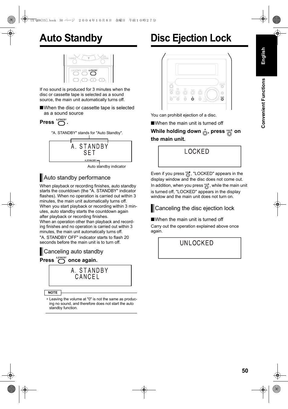 Auto standby, Disc ejection lock | JVC CA-UXQD9S User Manual | Page 111 / 174