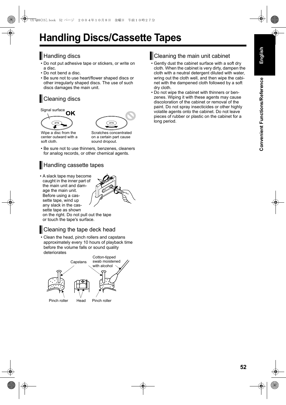 Handling discs/cassette tapes, Handling discs cleaning discs, Handling cassette tapes | Cleaning the tape deck head, Cleaning the main unit cabinet | JVC CA-UXQD9S User Manual | Page 113 / 174