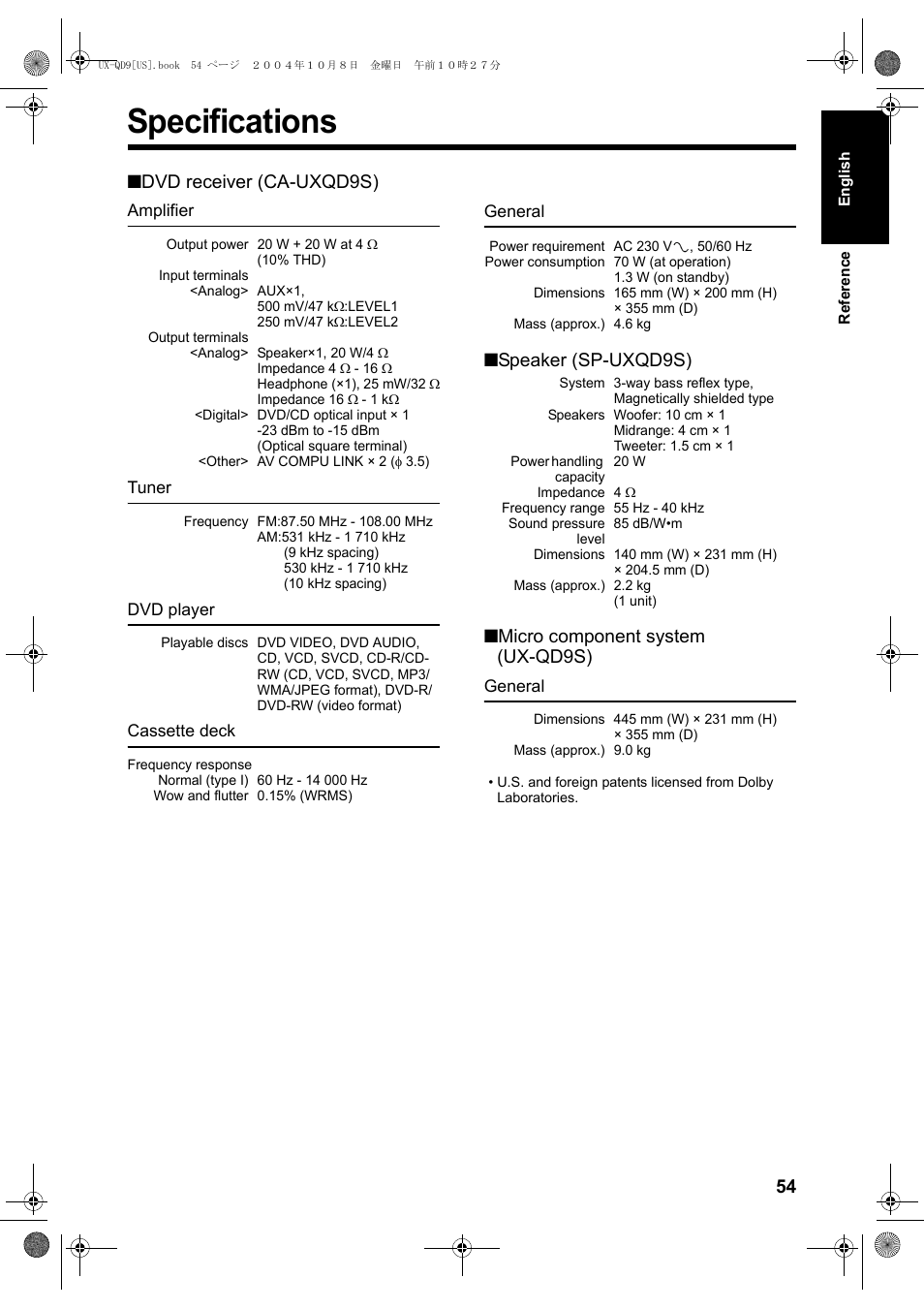 Specifications, Dvd receiver (ca-uxqd9s), Speaker (sp-uxqd9s) | Micro component system (ux-qd9s) | JVC CA-UXQD9S User Manual | Page 115 / 174