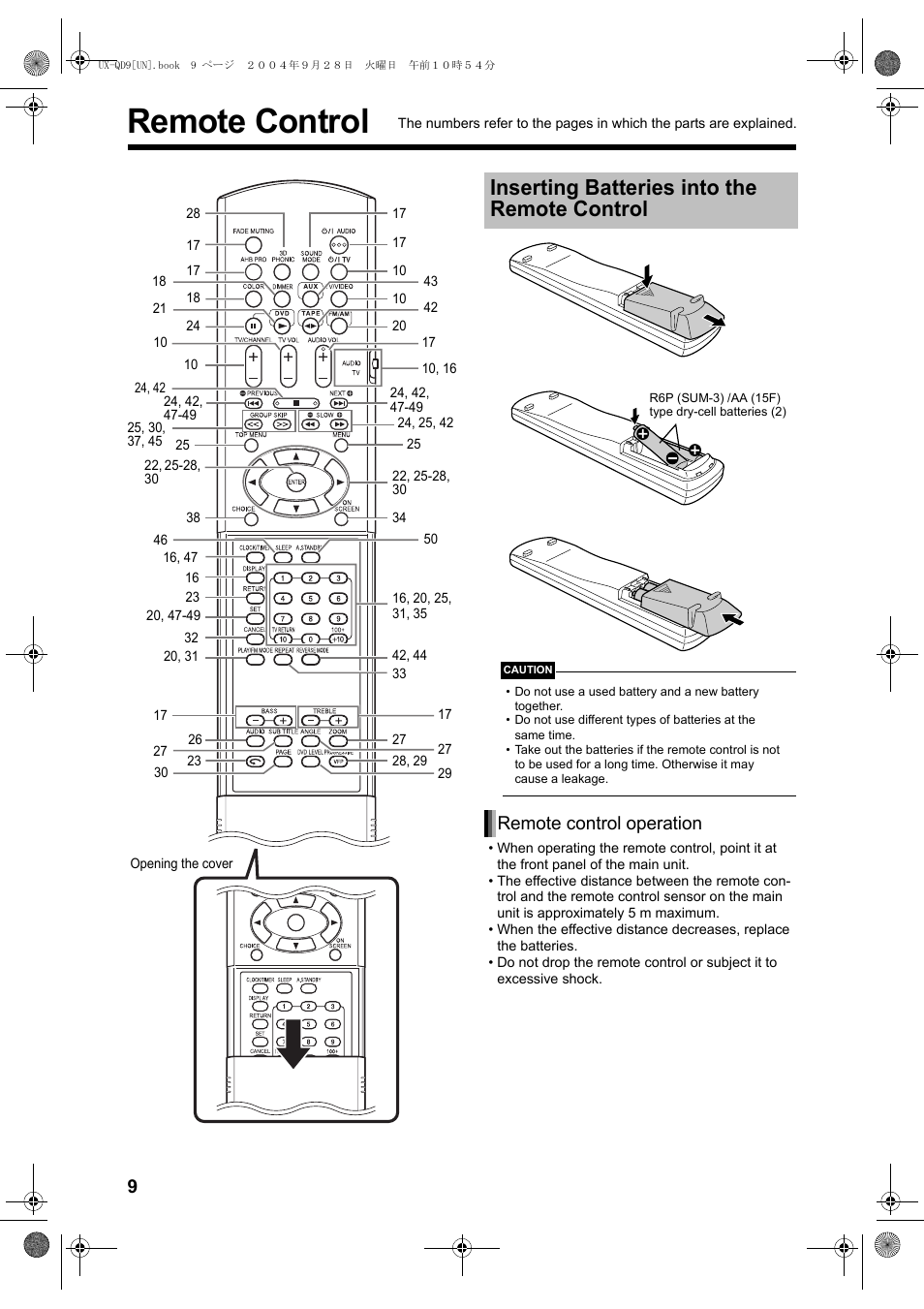 Remote control, Inserting batteries into the remote control, Remote control operation | JVC CA-UXQD9S User Manual | Page 128 / 174