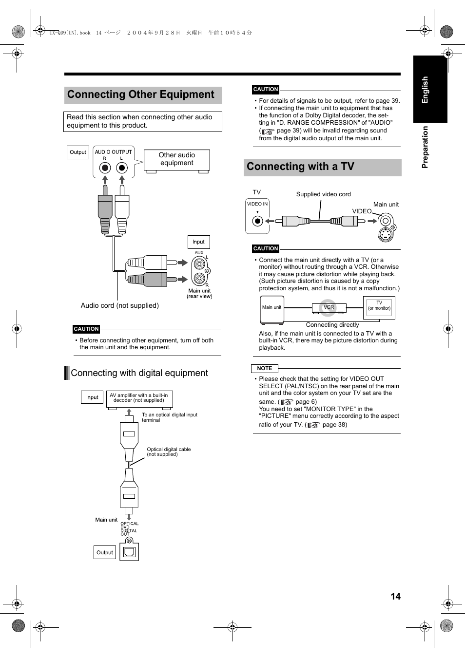 Connecting other equipment, Connecting with a tv, Connecting with digital equipment | JVC CA-UXQD9S User Manual | Page 133 / 174